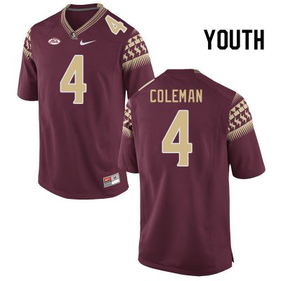 Florida State Seminoles Keon Coleman Youth #4 Garnet Authentic College Football Stitched Jersey