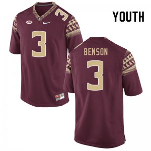 Florida State Seminoles Trey Benson Youth #3 Garnet Authentic College Football Stitched Jersey