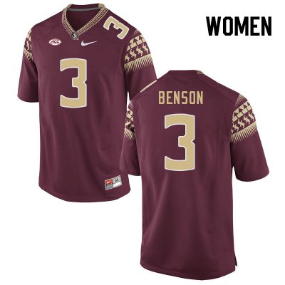 Florida State Seminoles Trey Benson Women's #3 Garnet Authentic College Football Stitched Jersey