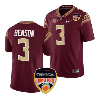 Florida State Seminoles Trey Benson Men's #3 2023 Orange Bowl Garnet Playoff College Football Stitched Jersey