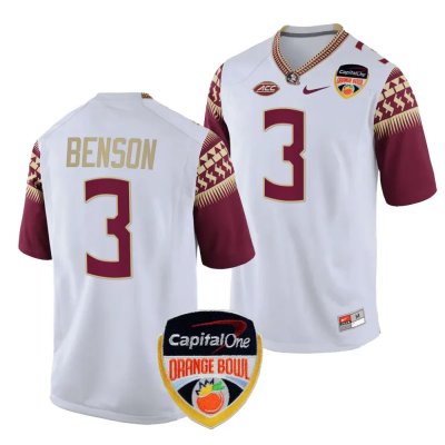 Florida State Seminoles Trey Benson Men's #3 2023 Orange Bowl White Playoff College Football Stitched Jersey