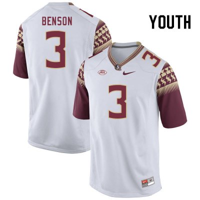 Florida State Seminoles Trey Benson Youth #3 White Authentic College Football Stitched Jersey