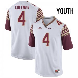 Florida State Seminoles Keon Coleman Youth #4 White Authentic College Football Stitched Jersey